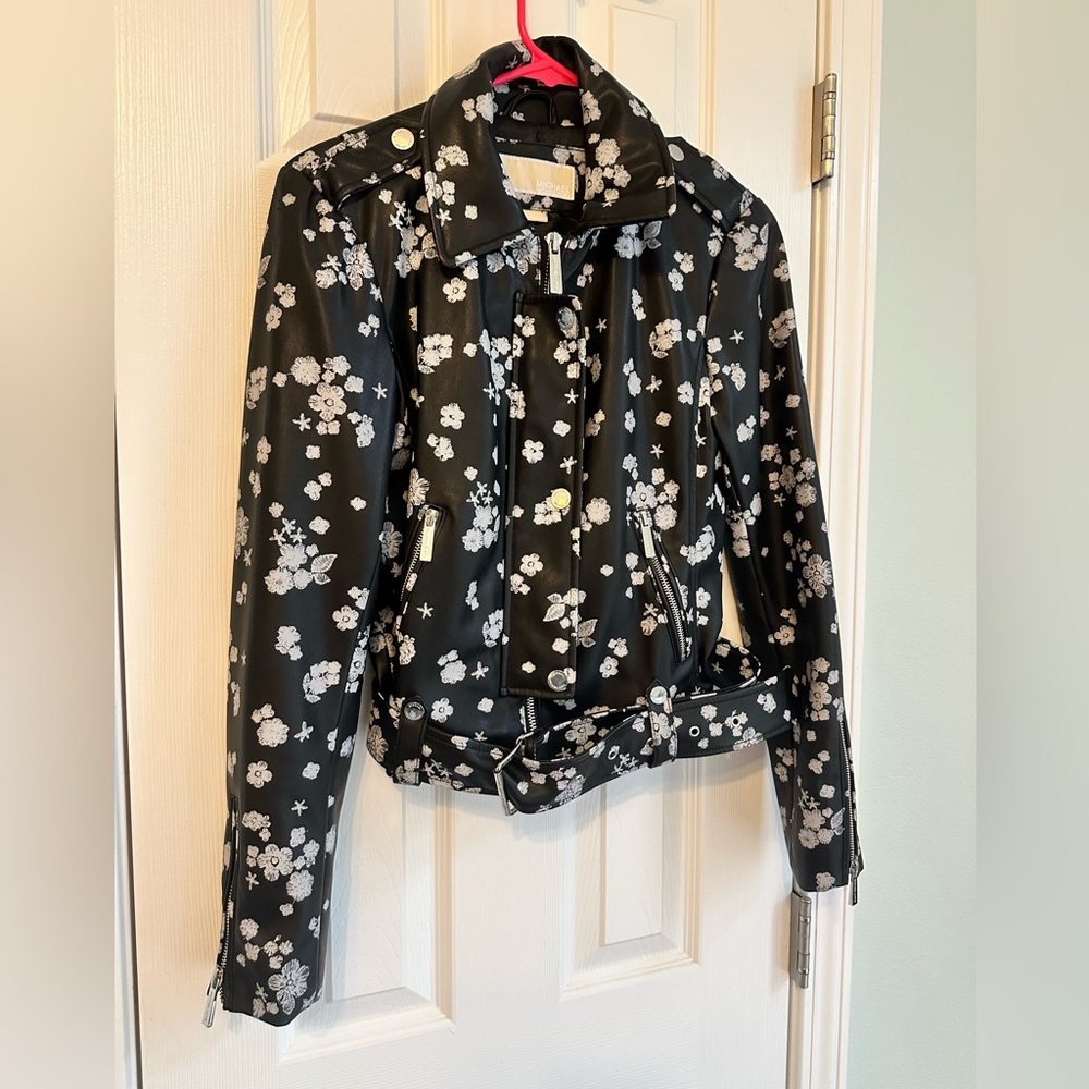 Women's Michael Kors Moto Style Faux Leather Jacket Size Small Black/Floral